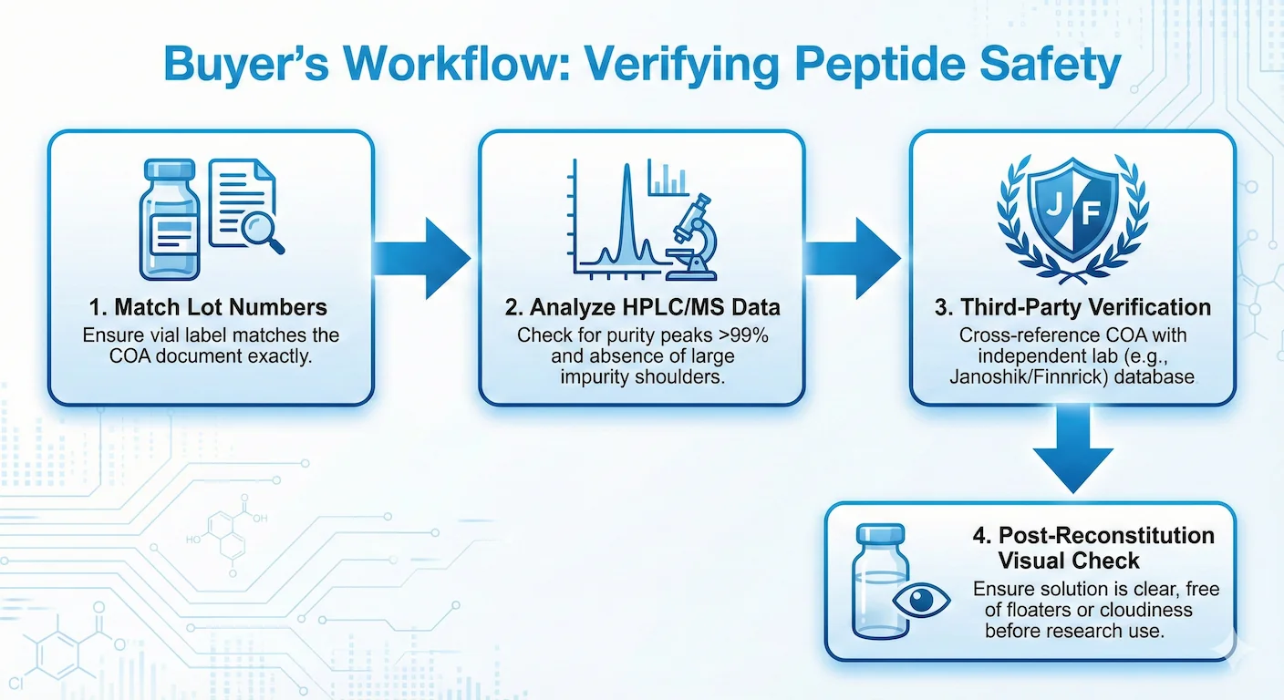 A step-by-step flowchart guiding buyers on how to verify a peptide Certificate of Analysis (COA), including checking lot numbers, analyzing HPLC graphs, and utilizing third-party verification services.
