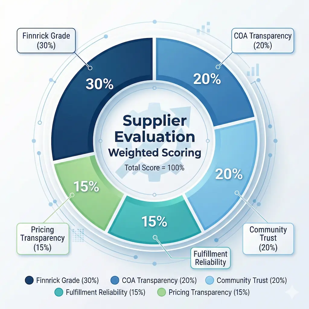 A diagram illustrating the weighted scoring methodology used to evaluate peptide suppliers, showing Finnrick Grade (30%) and COA Transparency (20%) as the highest weighted factors.