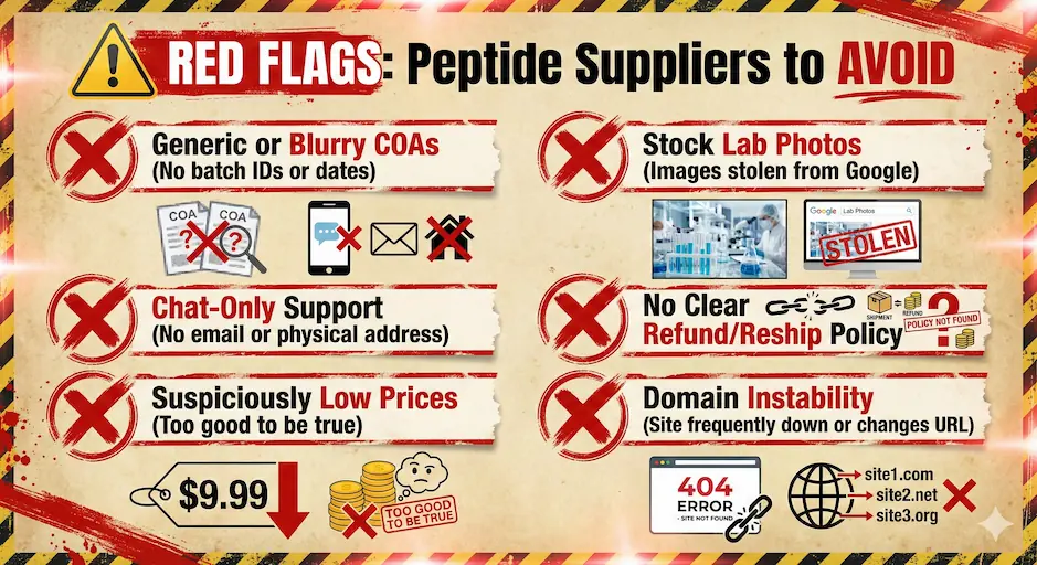 A visual checklist infographic highlighting critical red flags to avoid when choosing a grey market peptide vendor, such as generic COAs and lack of contact information.