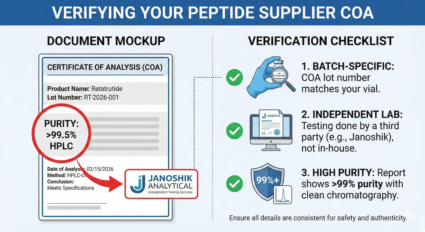 An infographic checklist showing how to verify a research peptide Certificate of Analysis, highlighting purity, batch numbers, and independent lab verification.