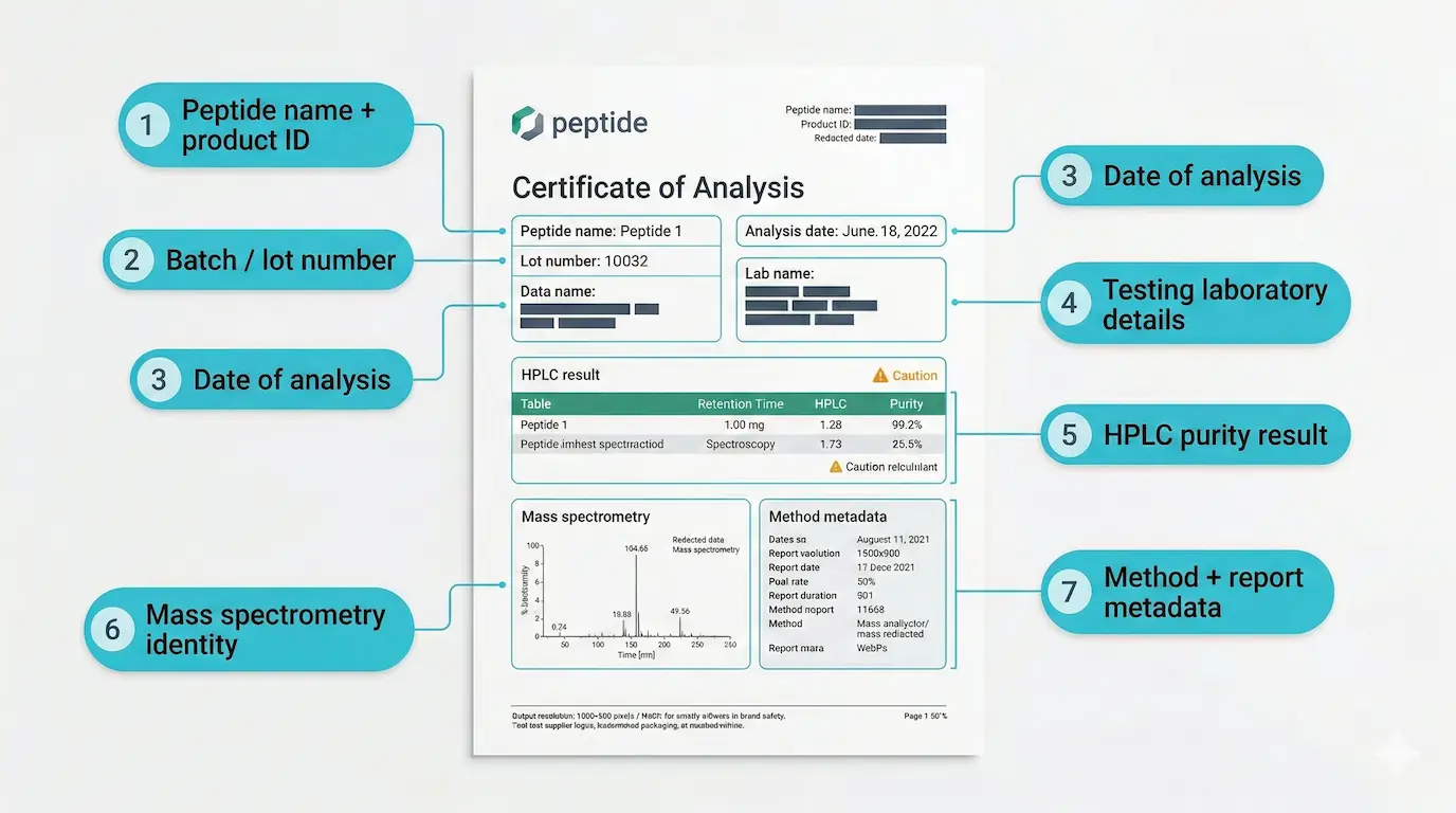 Annotated example of a peptide Certificate of Analysis (COA) highlighting 7 key sections including HPLC purity and mass spectrometry.