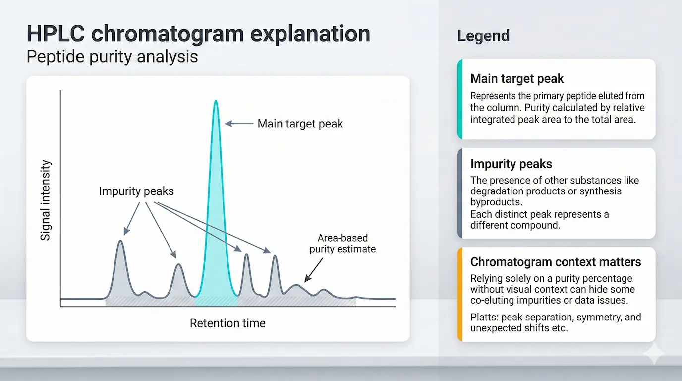 HPLC chromatogram chart explaining peptide purity analysis, detailing the main target peak versus impurity peaks.