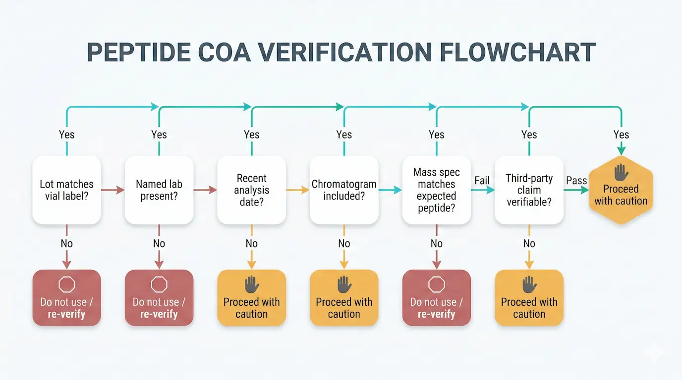 Decision-tree flowchart outlining the step-by-step verification process for a peptide Certificate of Analysis to ensure quality.