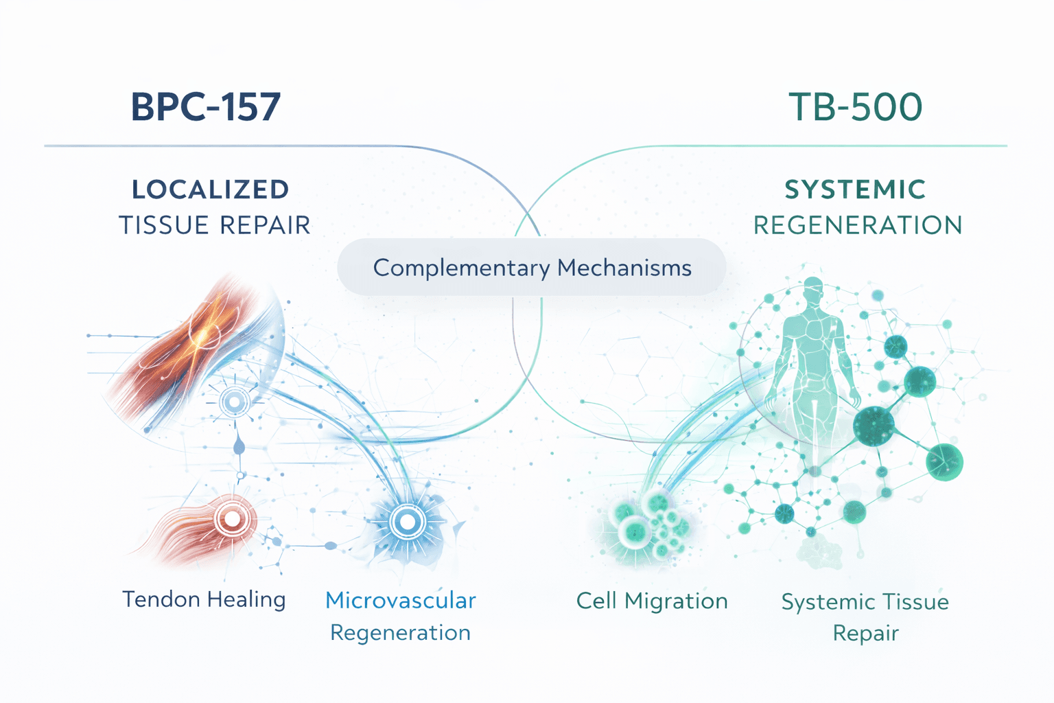 BPC-157 and TB-500 complementary mechanism of action diagram