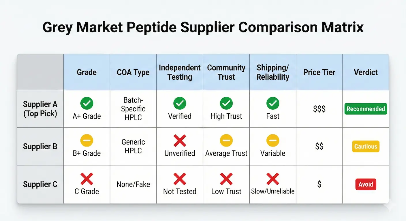 An infographic comparison table summarizing top grey market peptide suppliers based on Finnrick grade, third-party testing, community trust scores, and overall verdict.