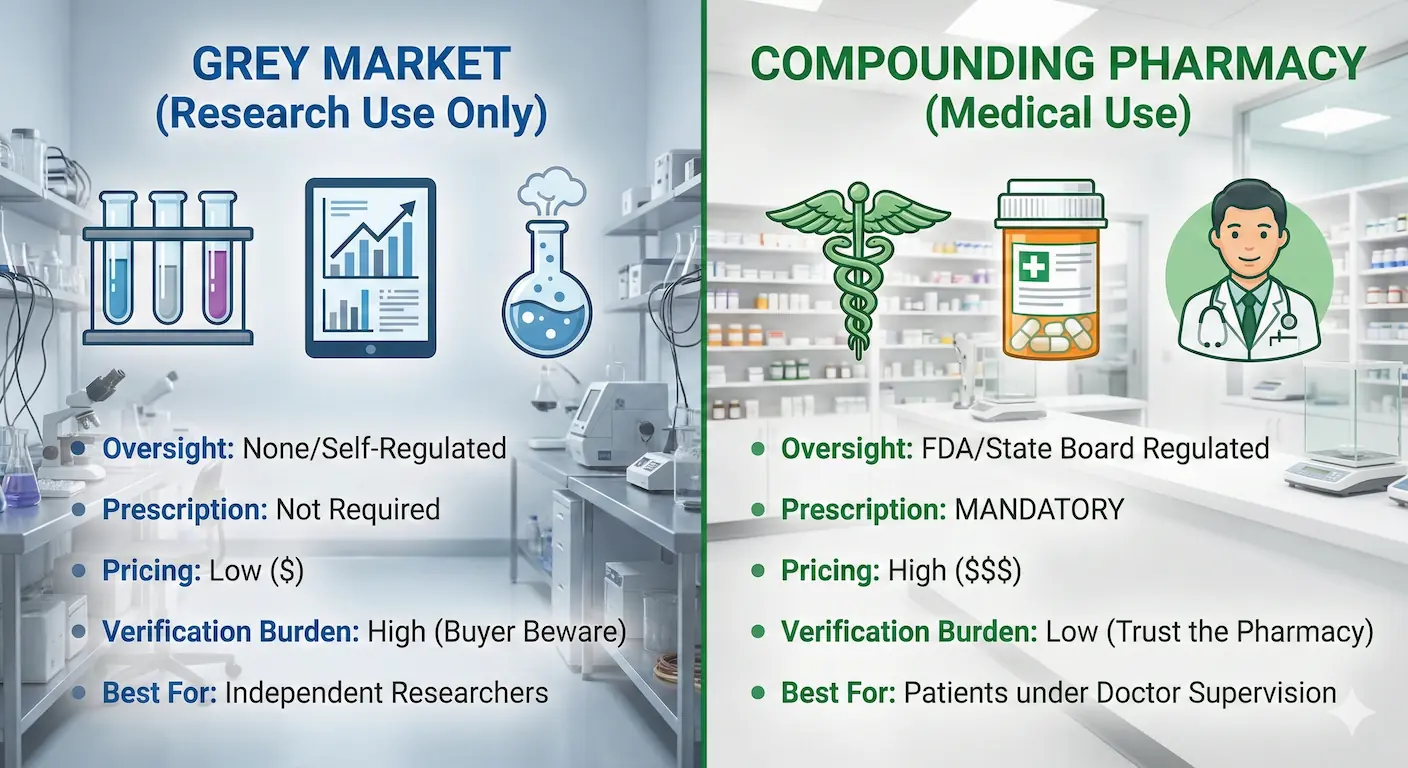 A side-by-side infographic comparing unregulated grey market research peptides with FDA-regulated compounding pharmacies regarding oversight, prescription requirements, and pricing.