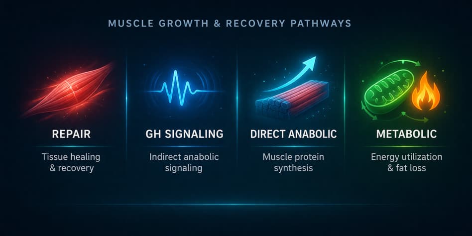 Muscle growth and recovery pathways comparing repair, GH signaling, direct anabolic signaling, and metabolic support