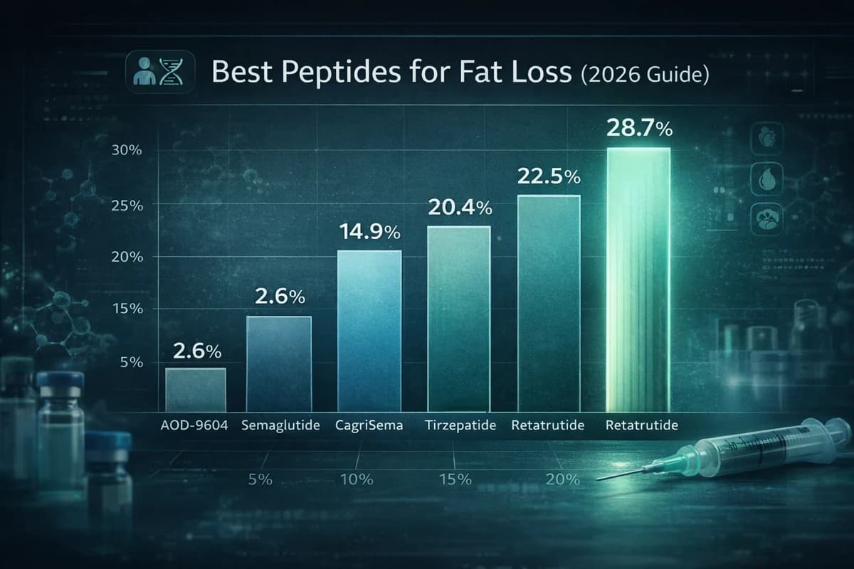 Comparison infographic for semaglutide, tirzepatide, retatrutide, and related fat-loss peptide categories