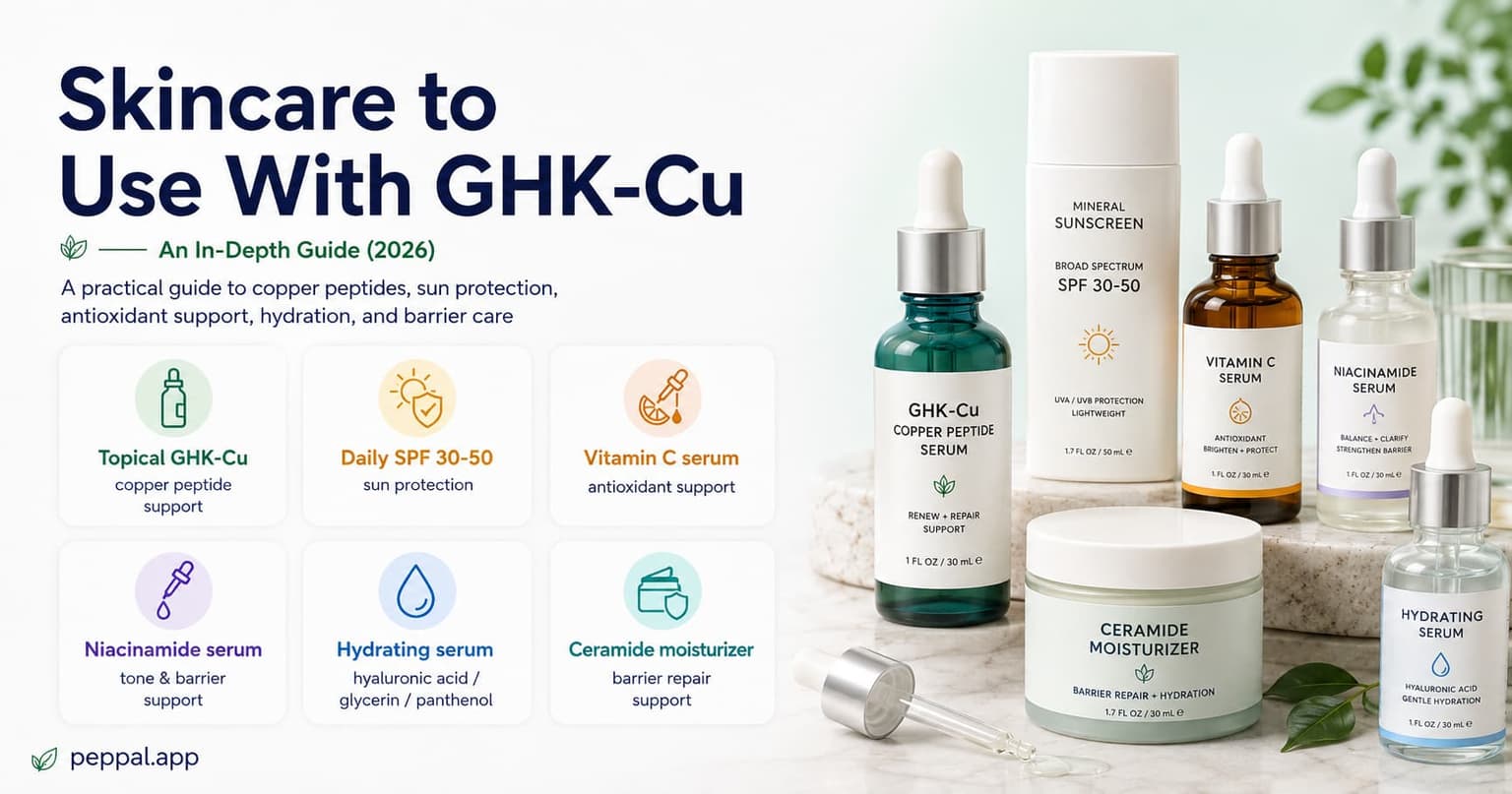 GHK-Cu skin protocol checklist with copper peptide serum, SPF, vitamin C, retinol, and moisturizer