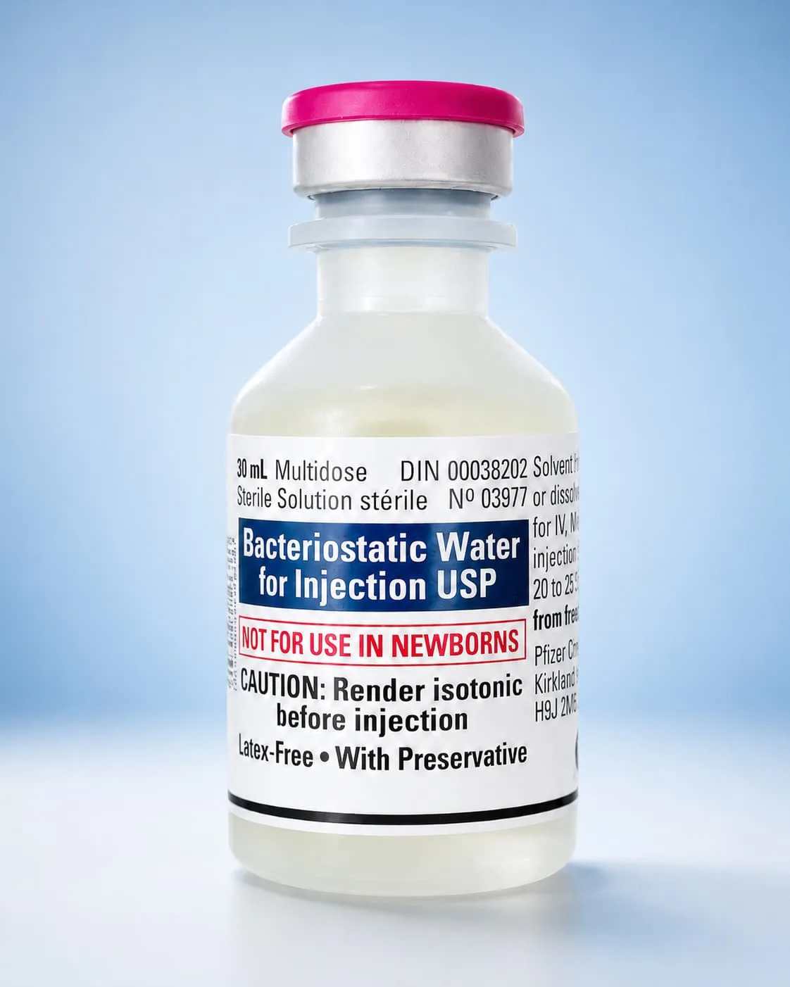 Bacteriostatic water for injection vial with preservative warning label