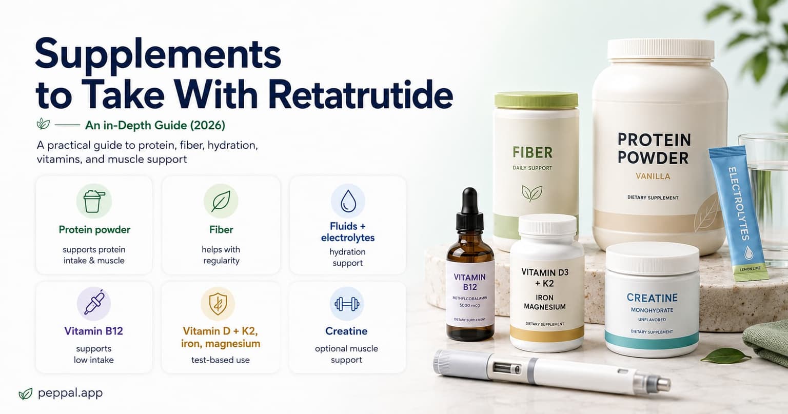 Retatrutide supplement checklist with protein powder, fiber, electrolytes, B12, vitamin D, and creatine