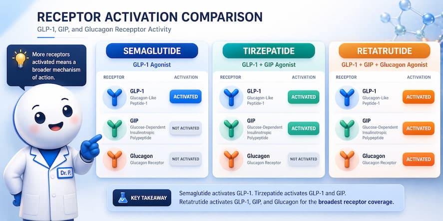Receptor activation diagram comparing semaglutide (GLP-1), tirzepatide (GLP-1 and GIP), and retatrutide (GLP-1, GIP, and glucagon)