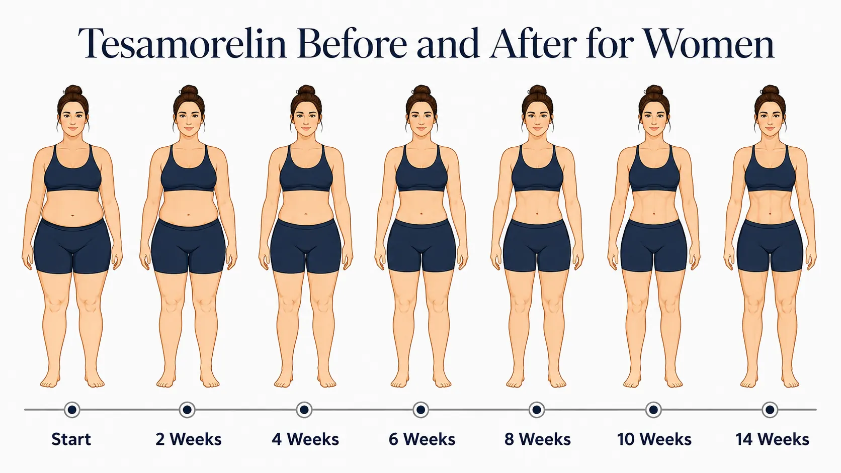 Illustrated tesamorelin timeline for women from start to 14 weeks