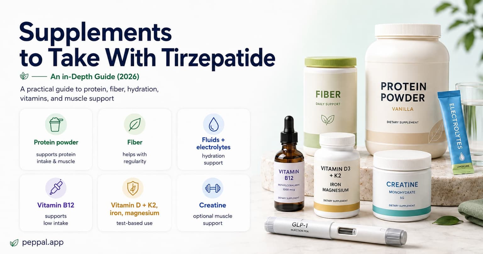 Tirzepatide supplement checklist with protein powder, fiber, electrolytes, B12, vitamin D, and creatine