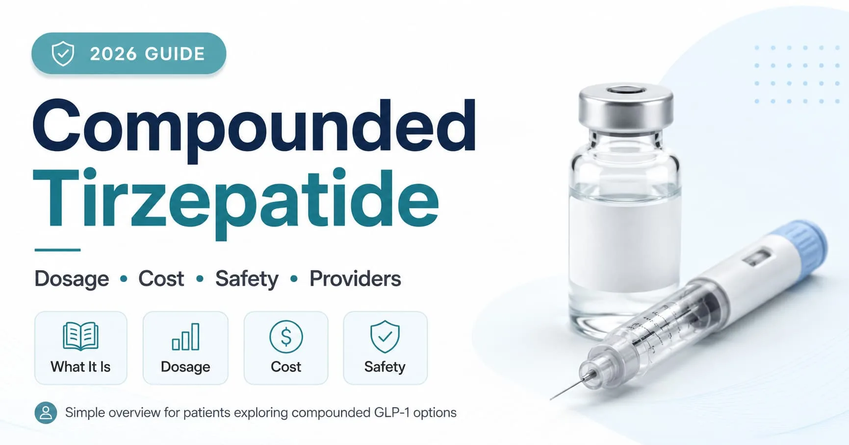 Compounded tirzepatide guide graphic with a medicine vial and syringe