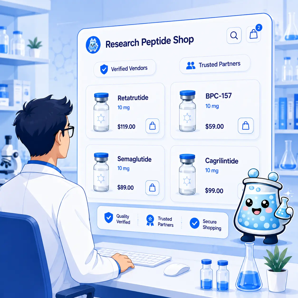 PepPal research peptide shop catalog with verified suppliers, product cards, discount code, and peptide vials