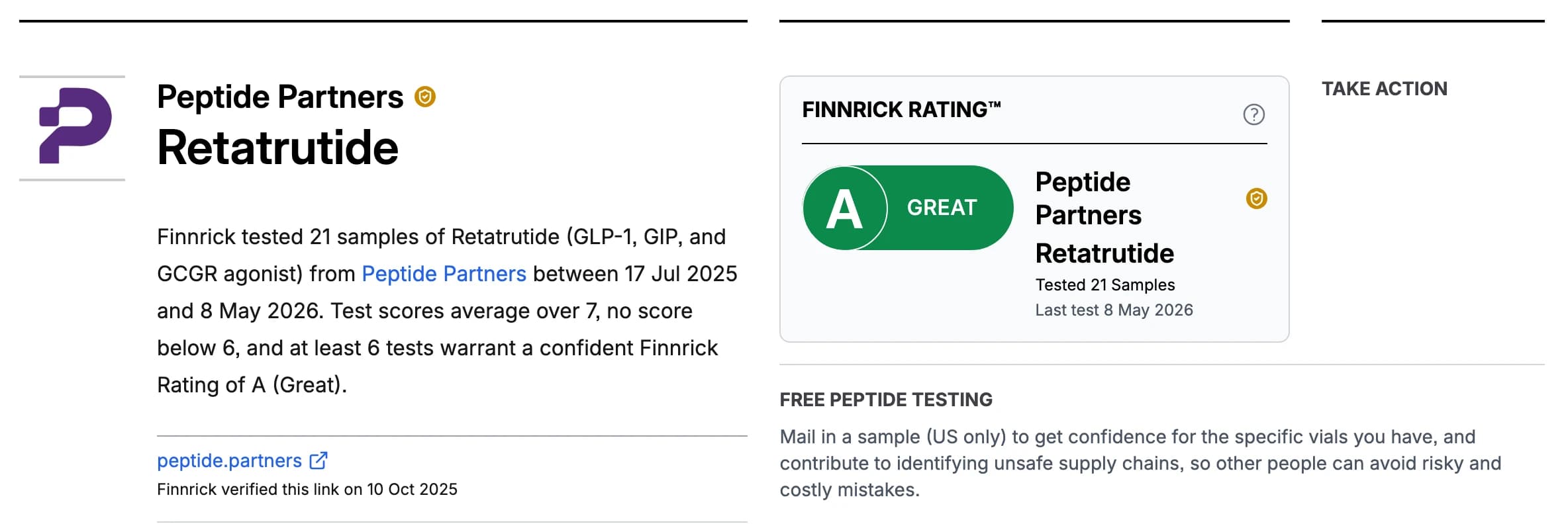 Finnrick card showing Peptide Partners Retatrutide with an A grade from 21 samples