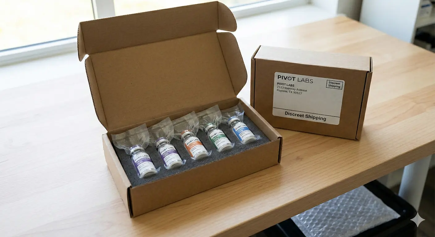 Photograph of an open, nondescriptive cardboard shipping box containing five small peptide vials (labeled 'PIVOT LABS', 'RUO') secured in foam inserts and vacuum-sealed, ready for discreet delivery.