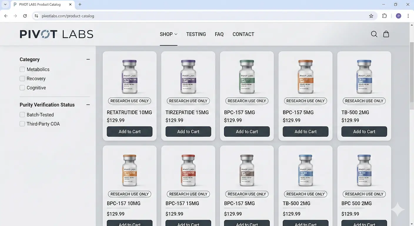 Screenshot of the Pivot Labs product catalog website showing available research peptides including Retatrutide, Tirzepatide, and BPC-157 with pricing. The catalog explicitly states products are for Research Use Only (RUO).