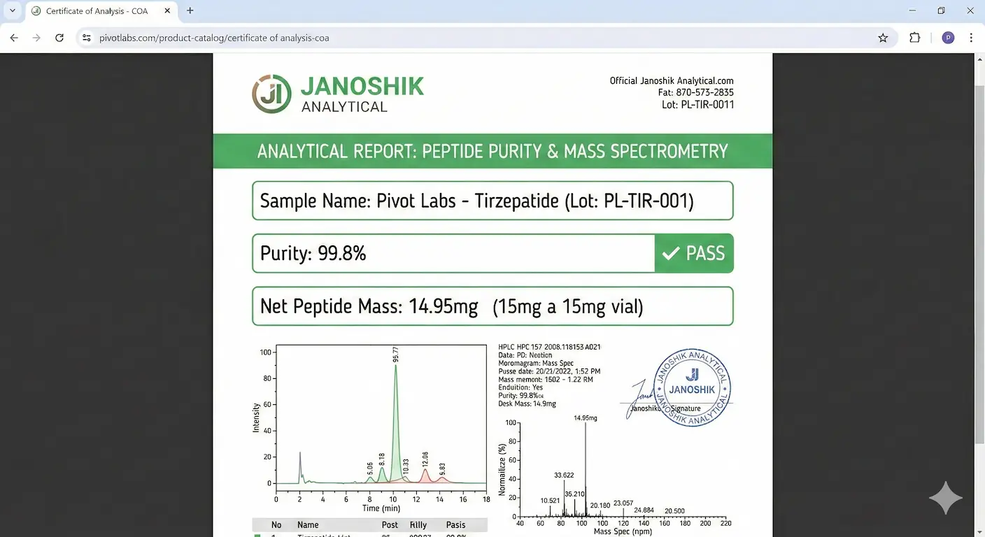 Close-up screenshot of a third-party Certificate of Analysis (COA) from Janoshik Analytical. This specific COA verifies that a Pivot Labs Tirzepatide (Lot: PL-TIR-001) sample tested at 99.8% purity with a verified net mass of 14.95mg.