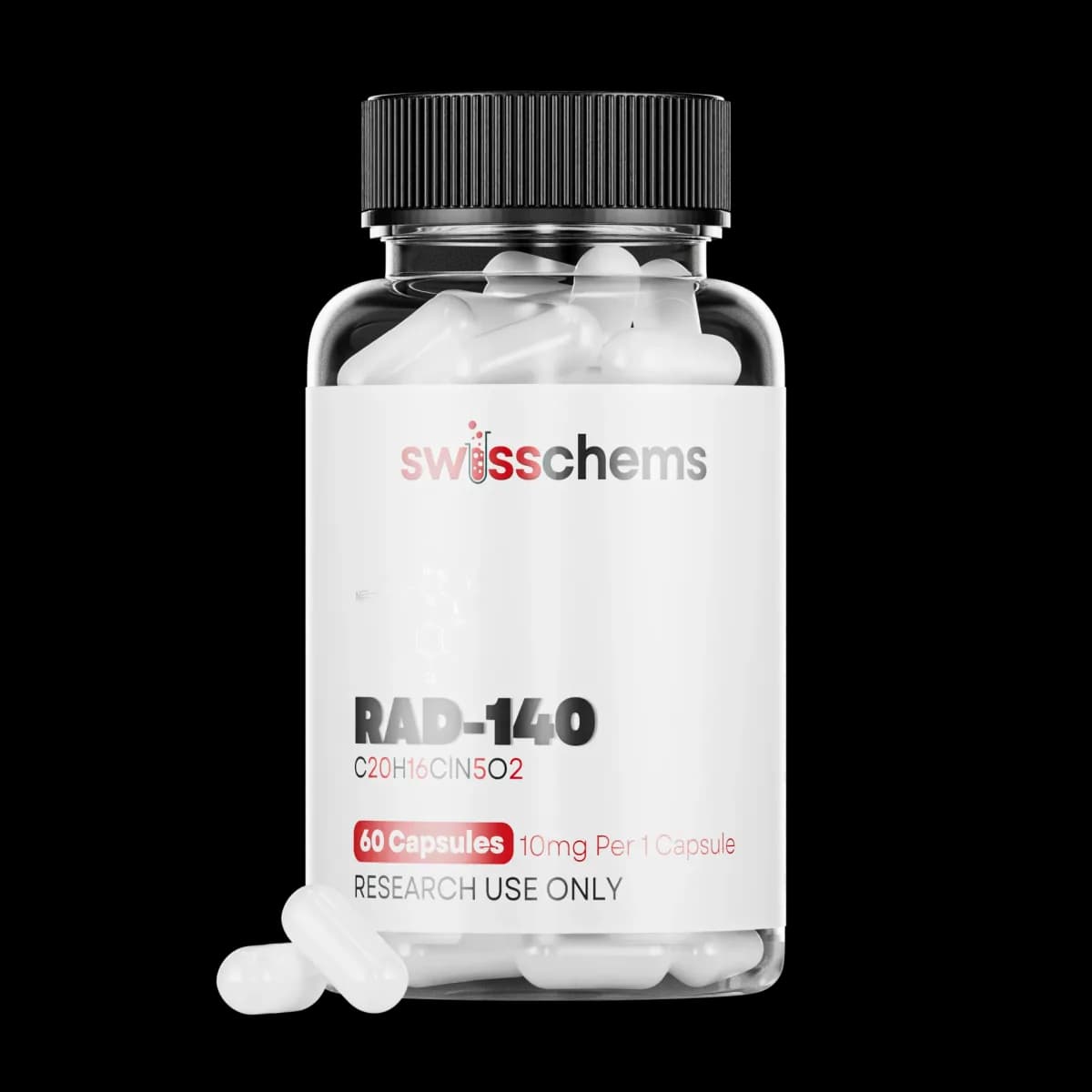 SwissChems RAD-140 research-use capsule bottle