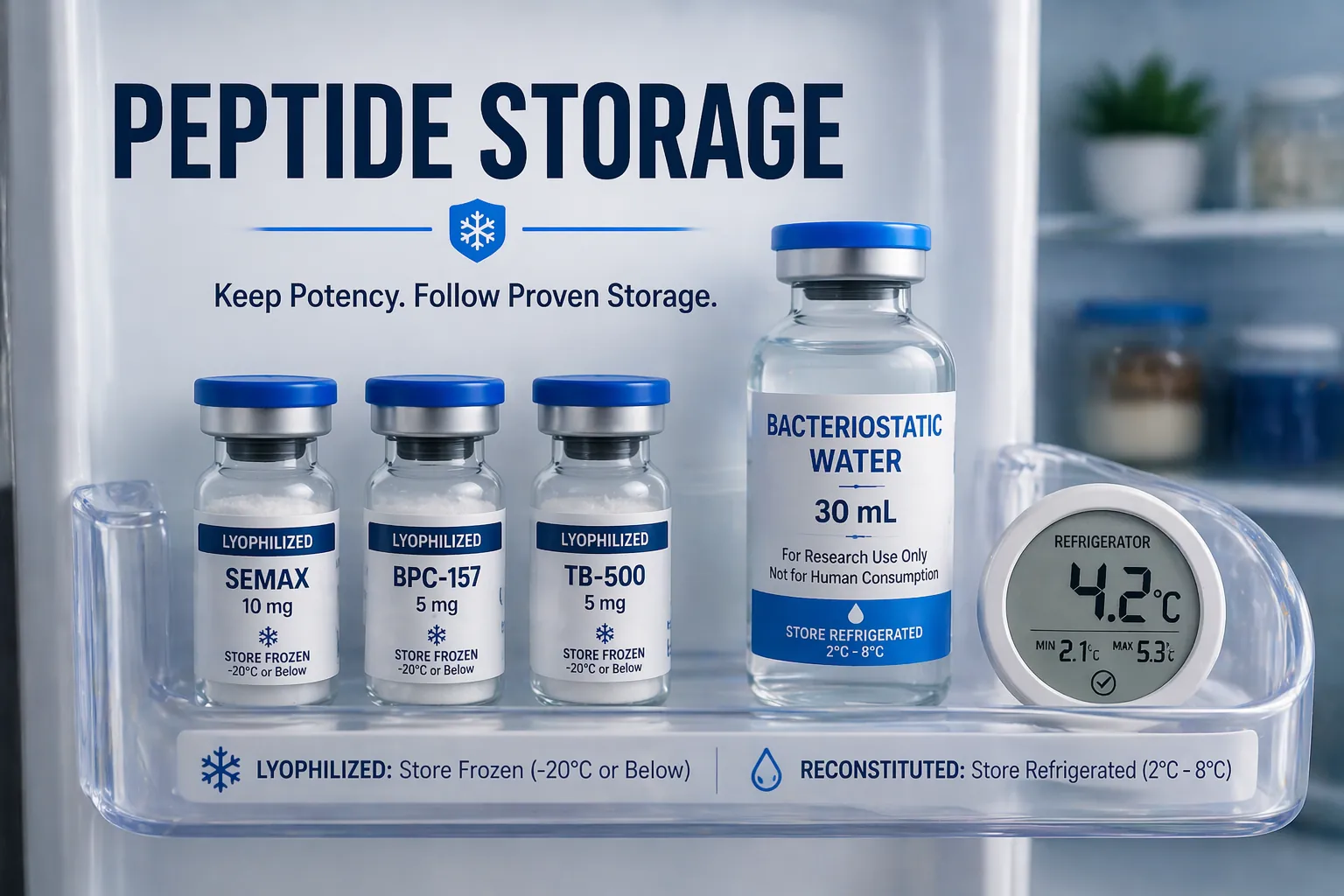 Peptide storage hero: labeled lyophilized vials and a 30 mL bacteriostatic water vial in a small fridge tray with thermometer.
