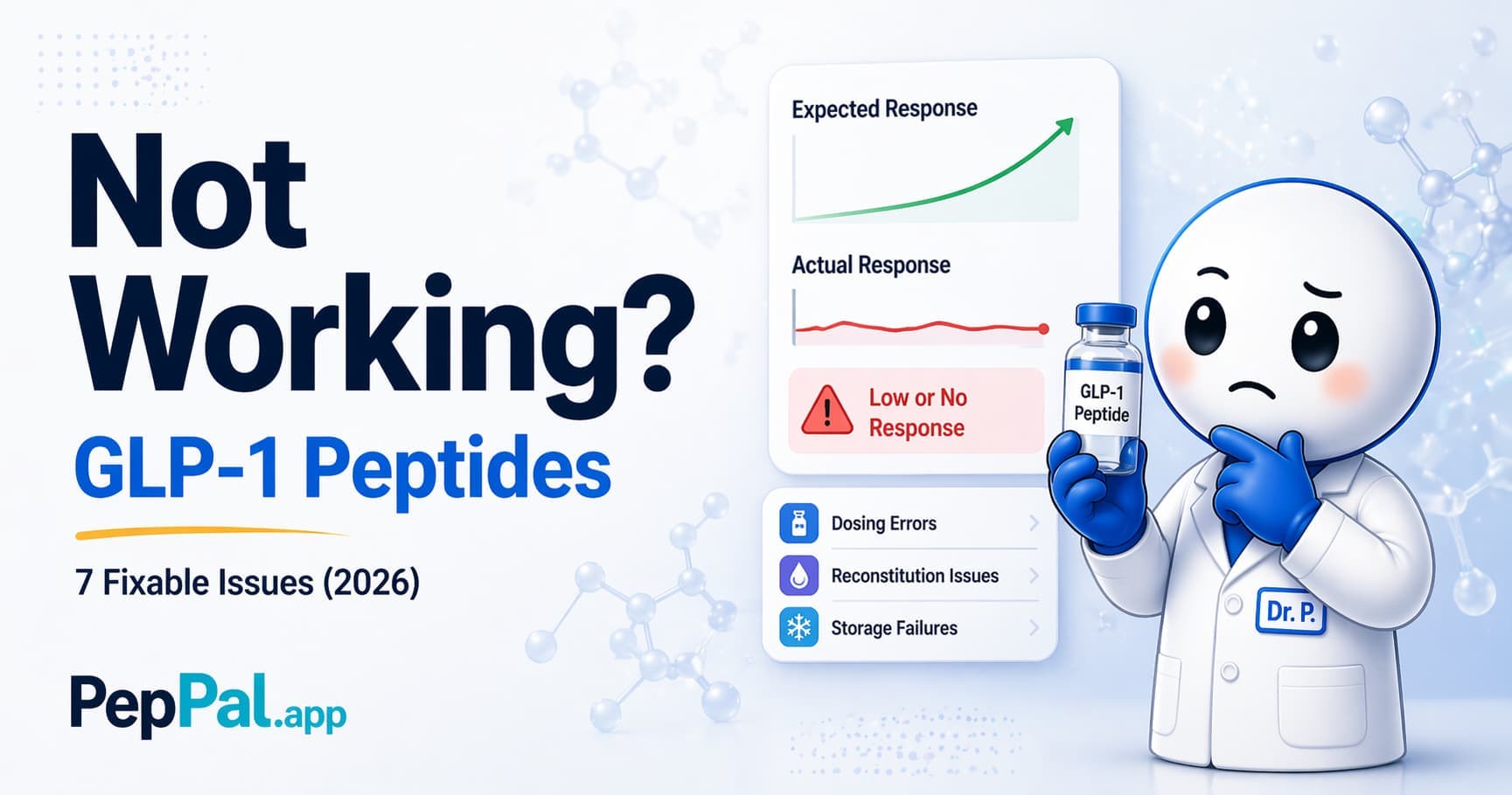 GLP-1 peptide troubleshooting visual showing expected response, actual response, and fixable causes
