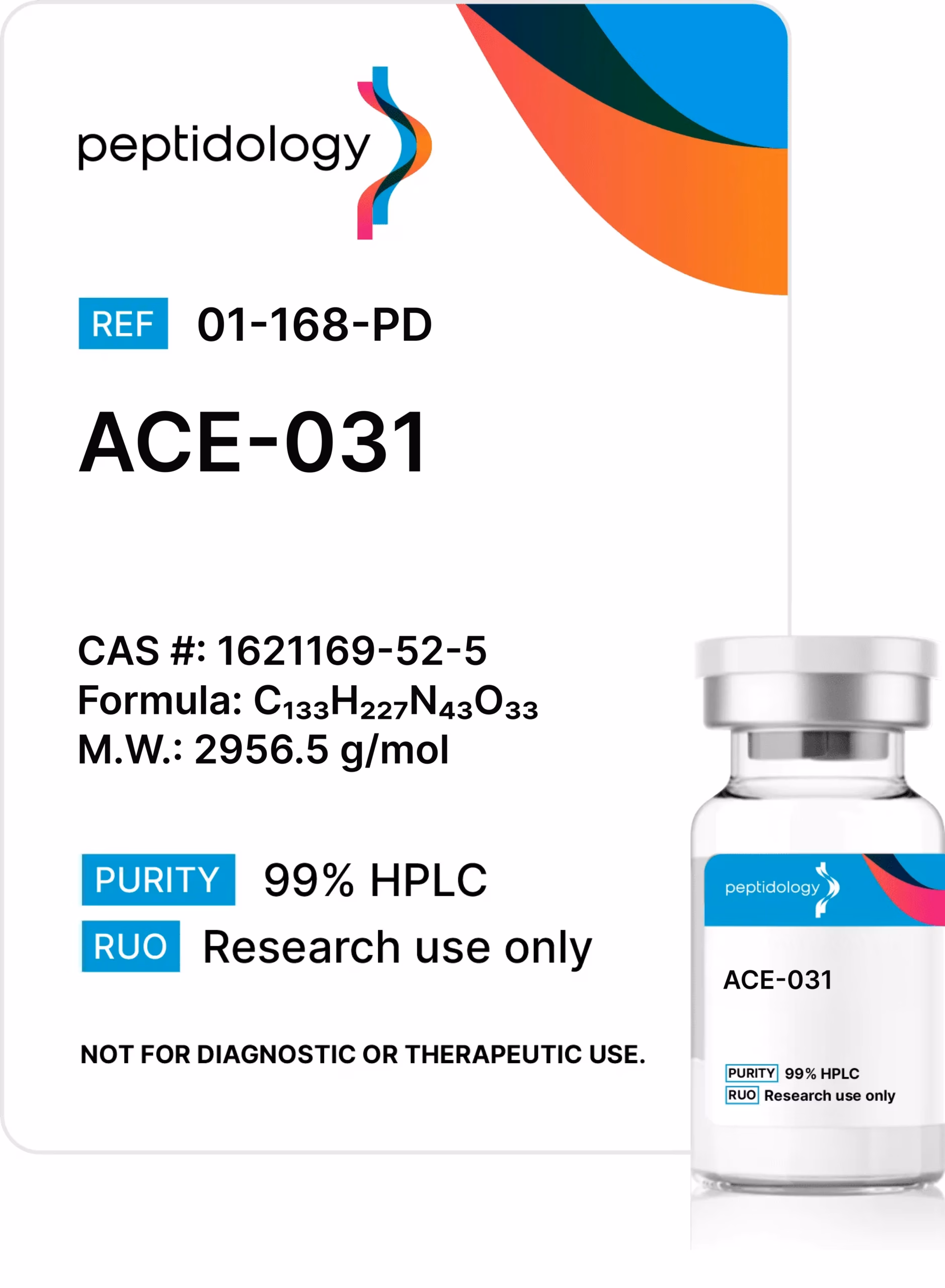 ACE-031 Peptidology research-use product label and vial