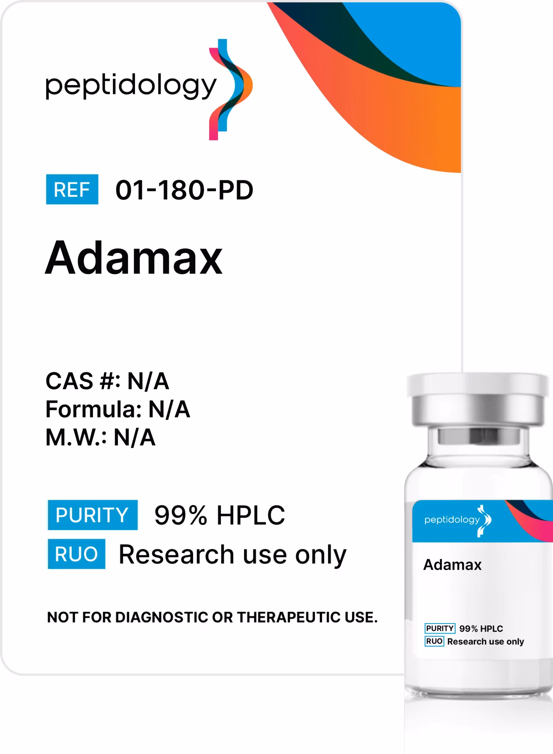 Adamax Peptidology research-use product label and vial