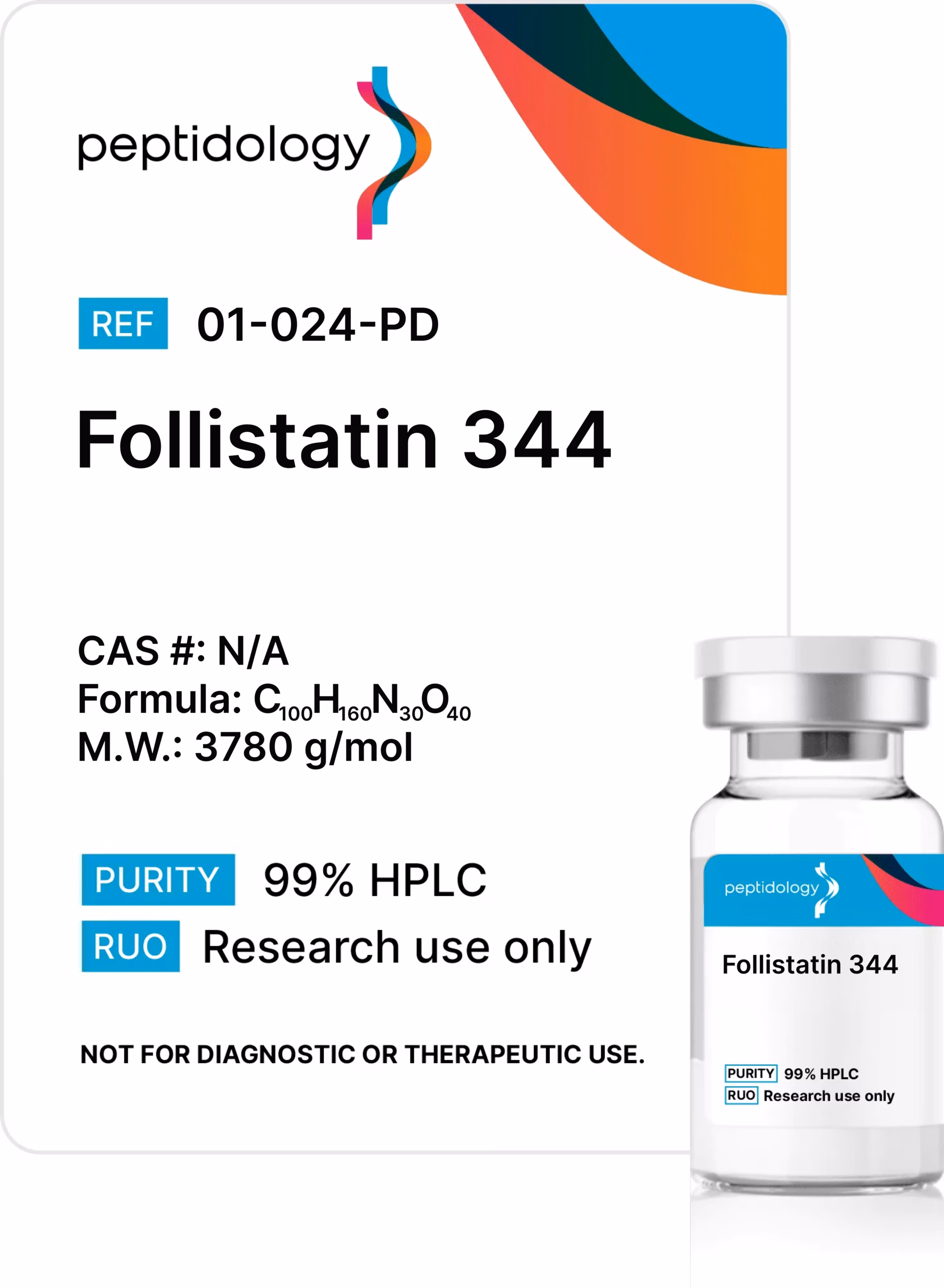 Follistatin 344 Peptidology research-use product label and vial