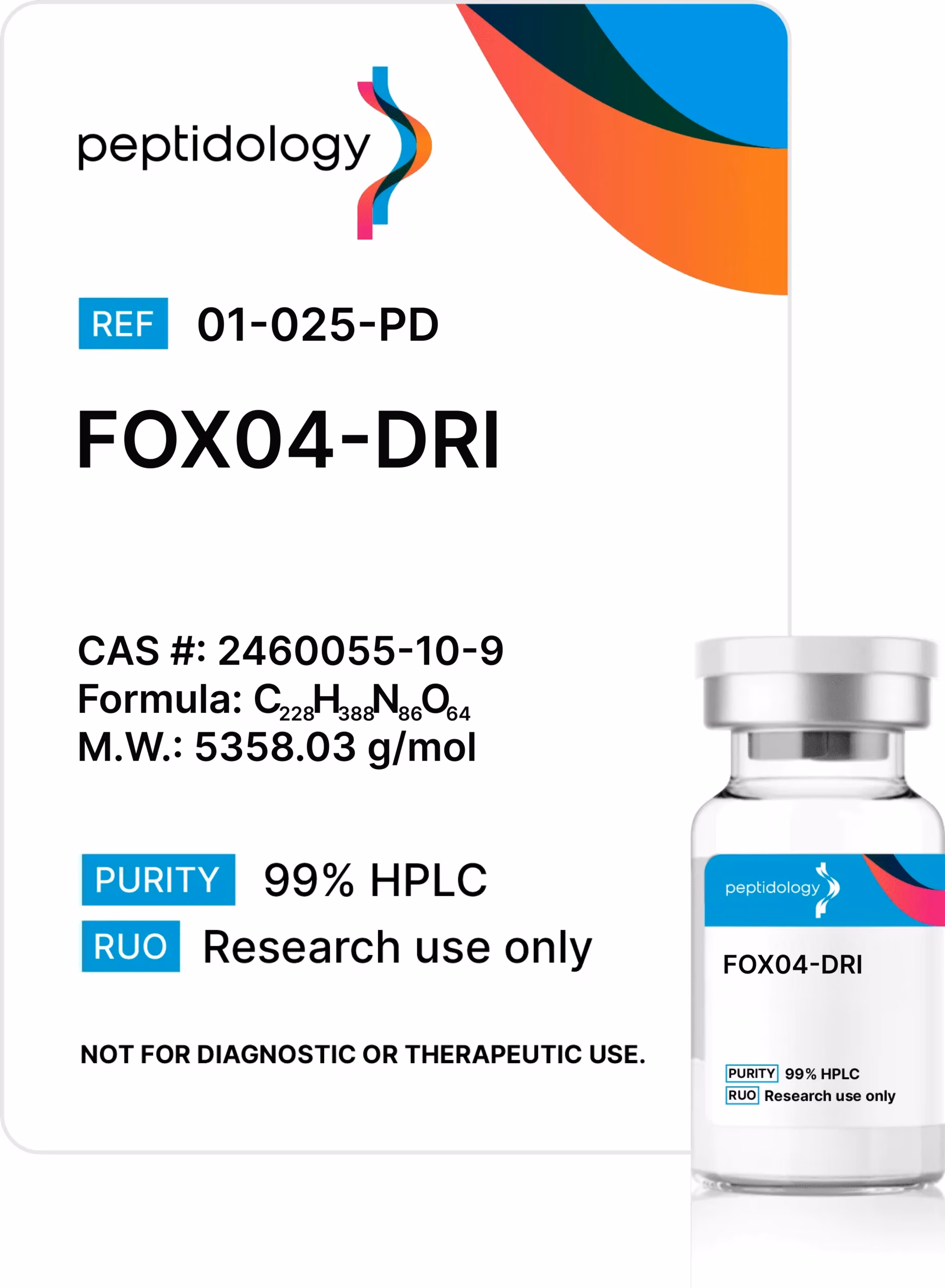FOX04 DRI Peptidology research-use product label and vial