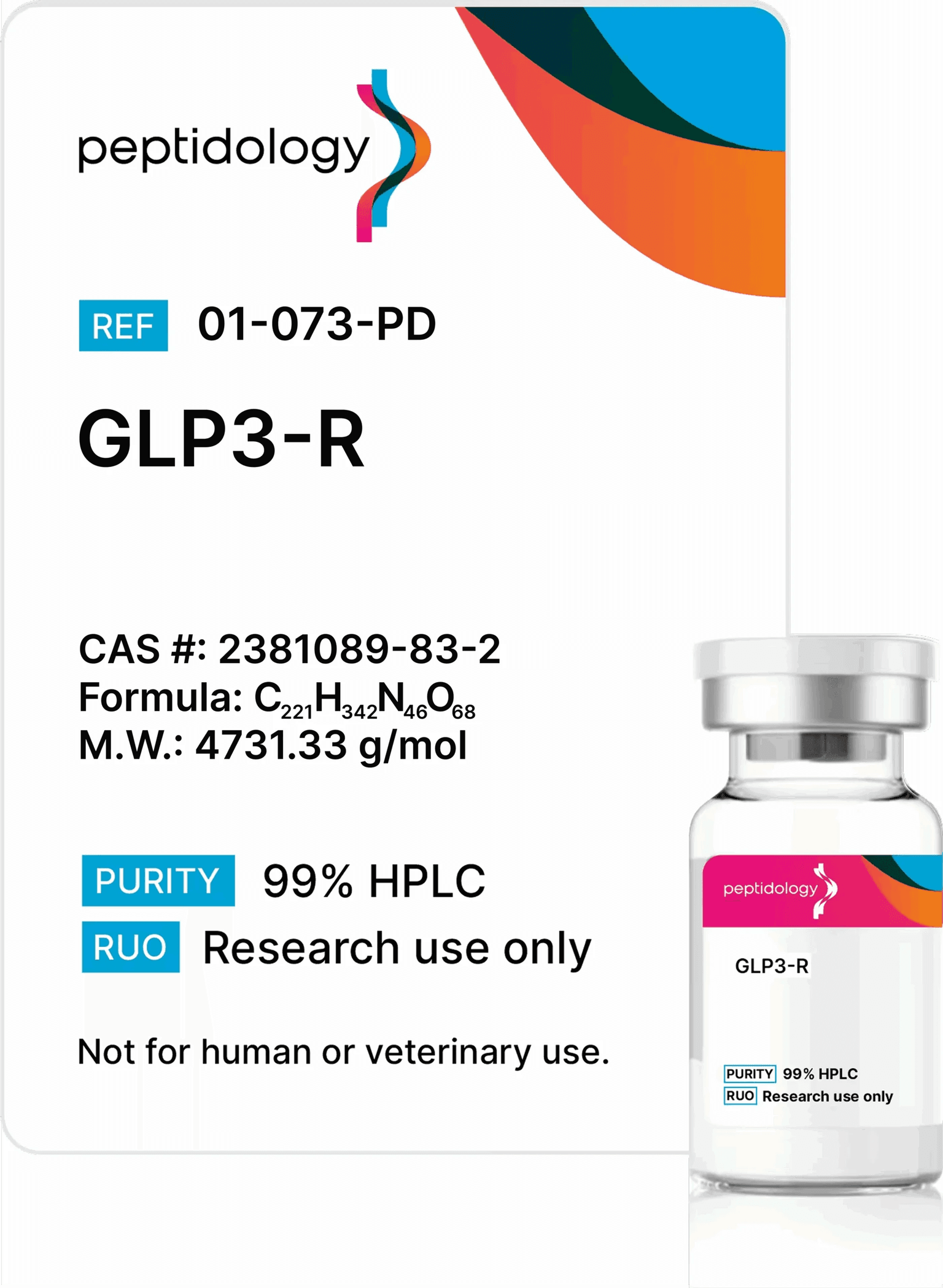 GLP3-R Peptide 3XP Peptidology research-use product label and vial