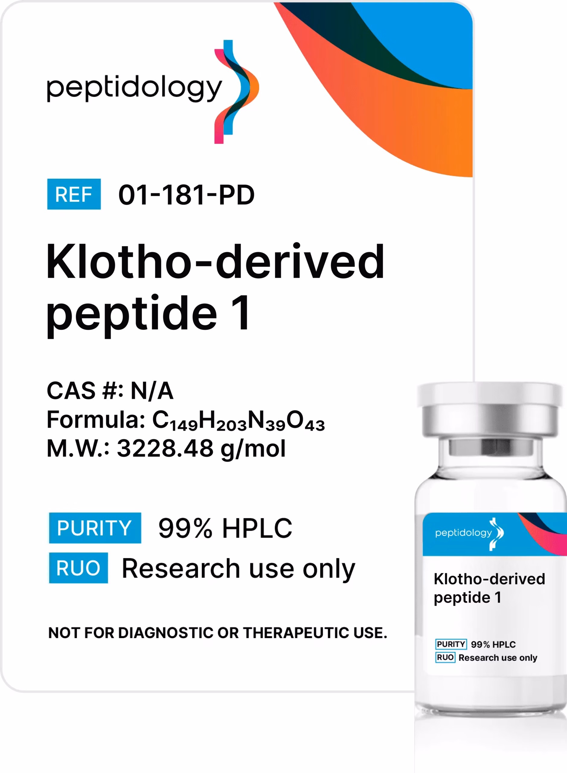 Klotho Derived Peptide 1 Peptidology research-use product label and vial