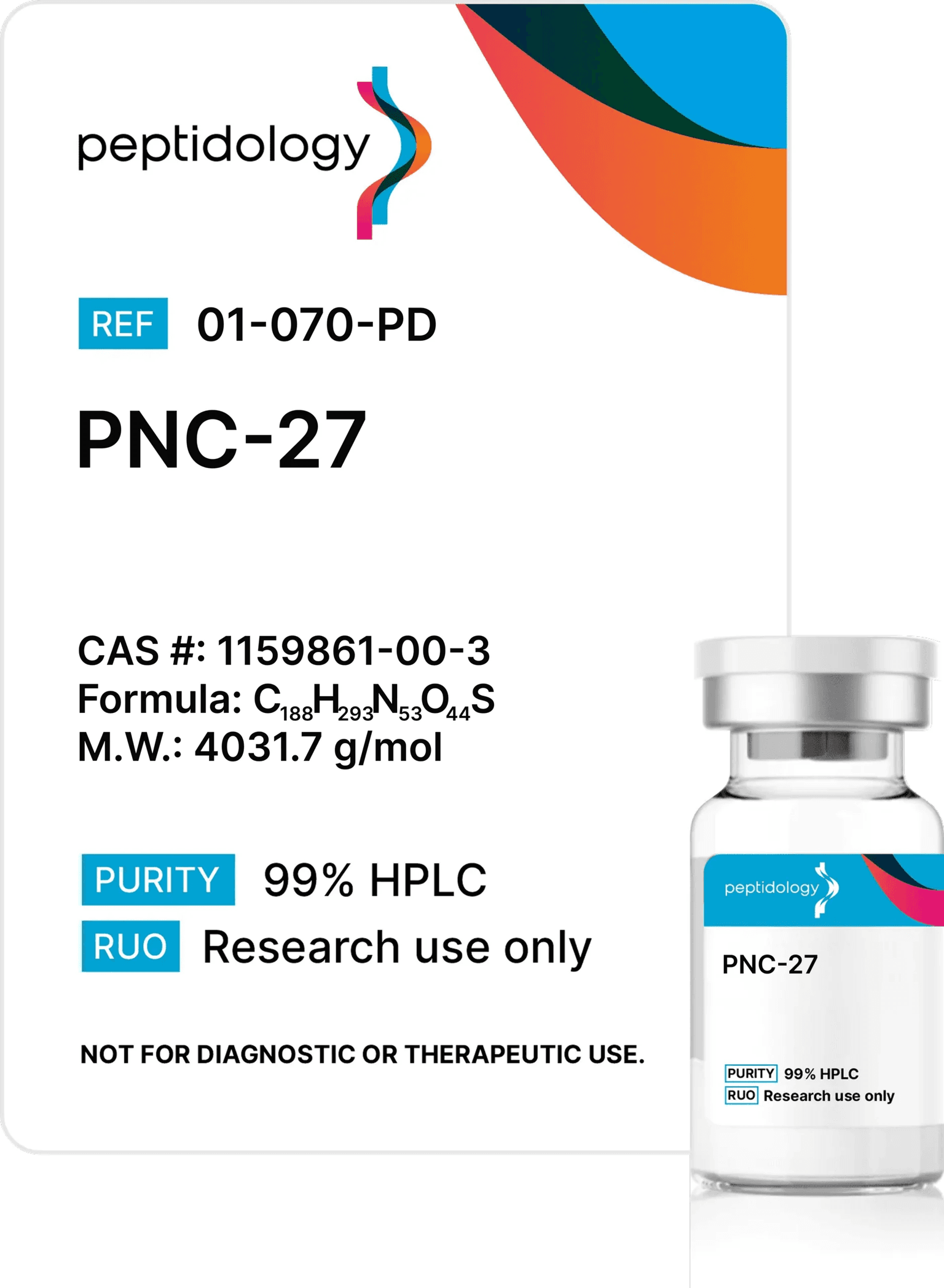 PNC-27 Peptidology research-use product label and vial