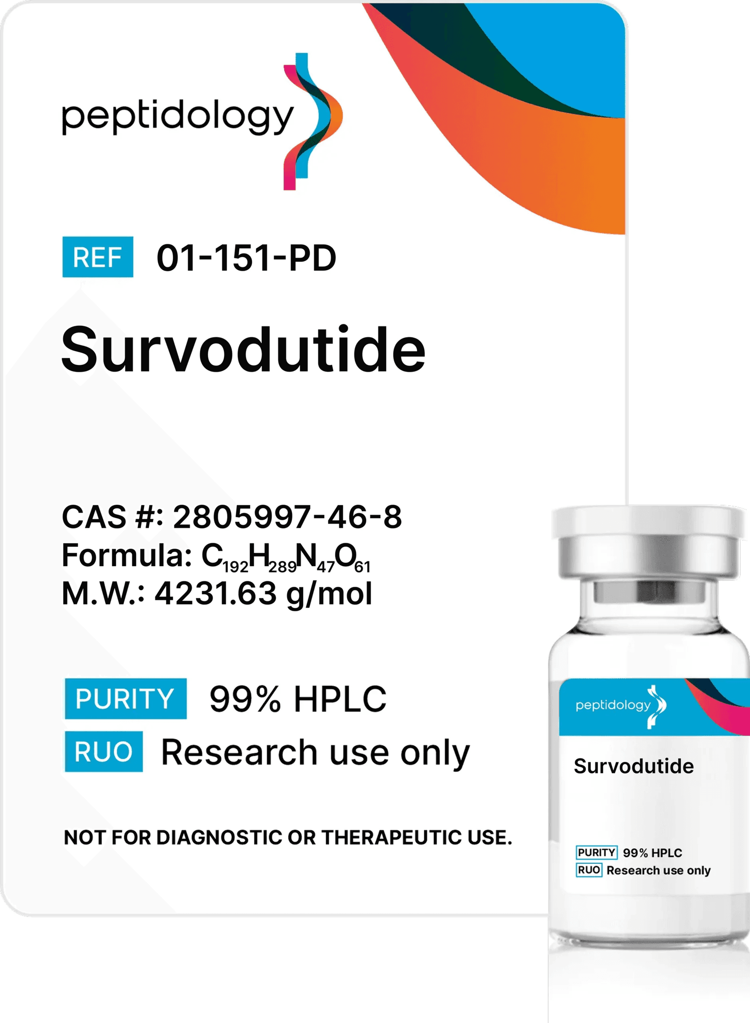Survodutide Peptidology research-use product label and vial
