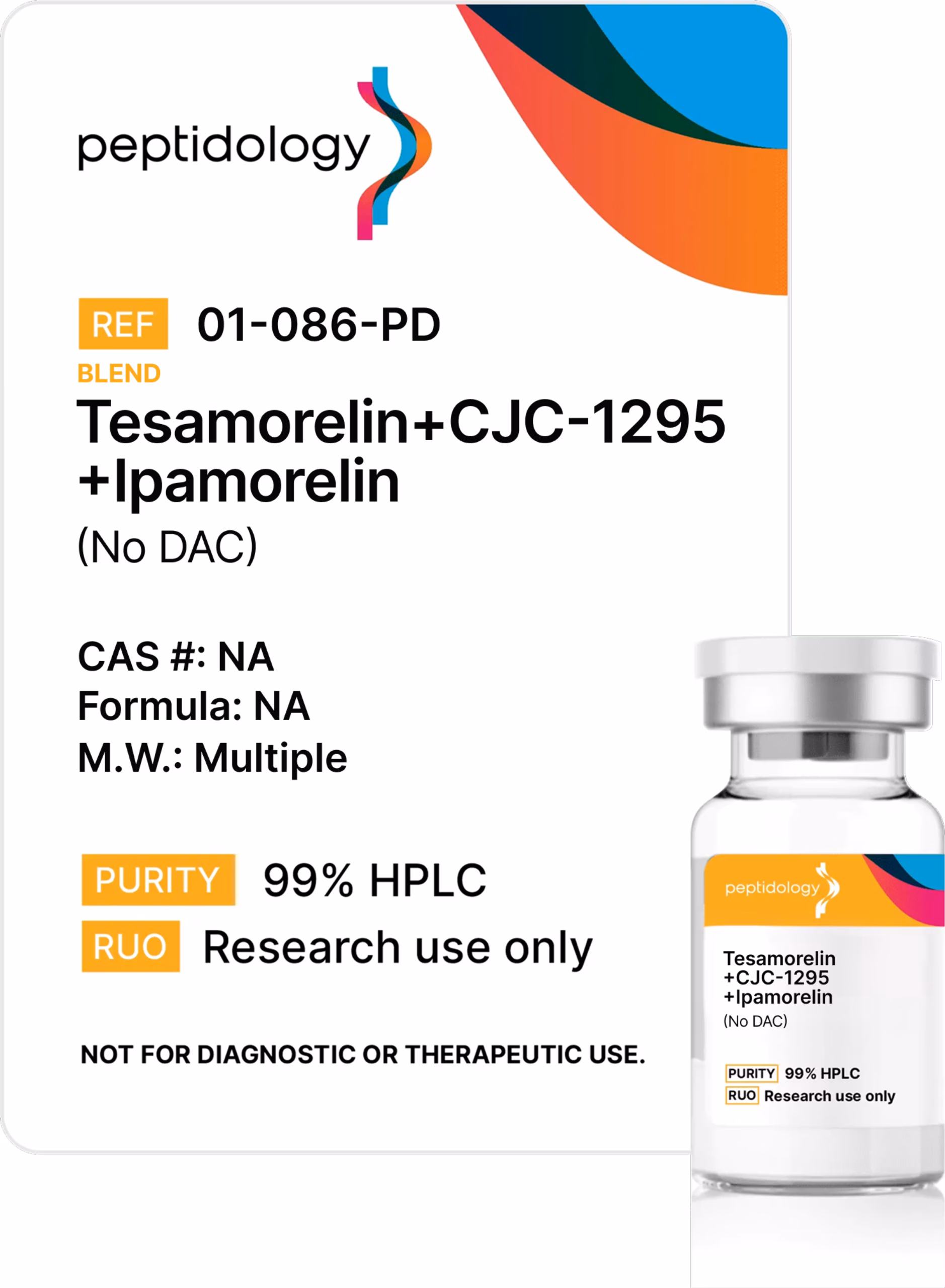 Tesamorelin CJC-1295 Ipamorelin no DAC Peptidology research-use product label and vial