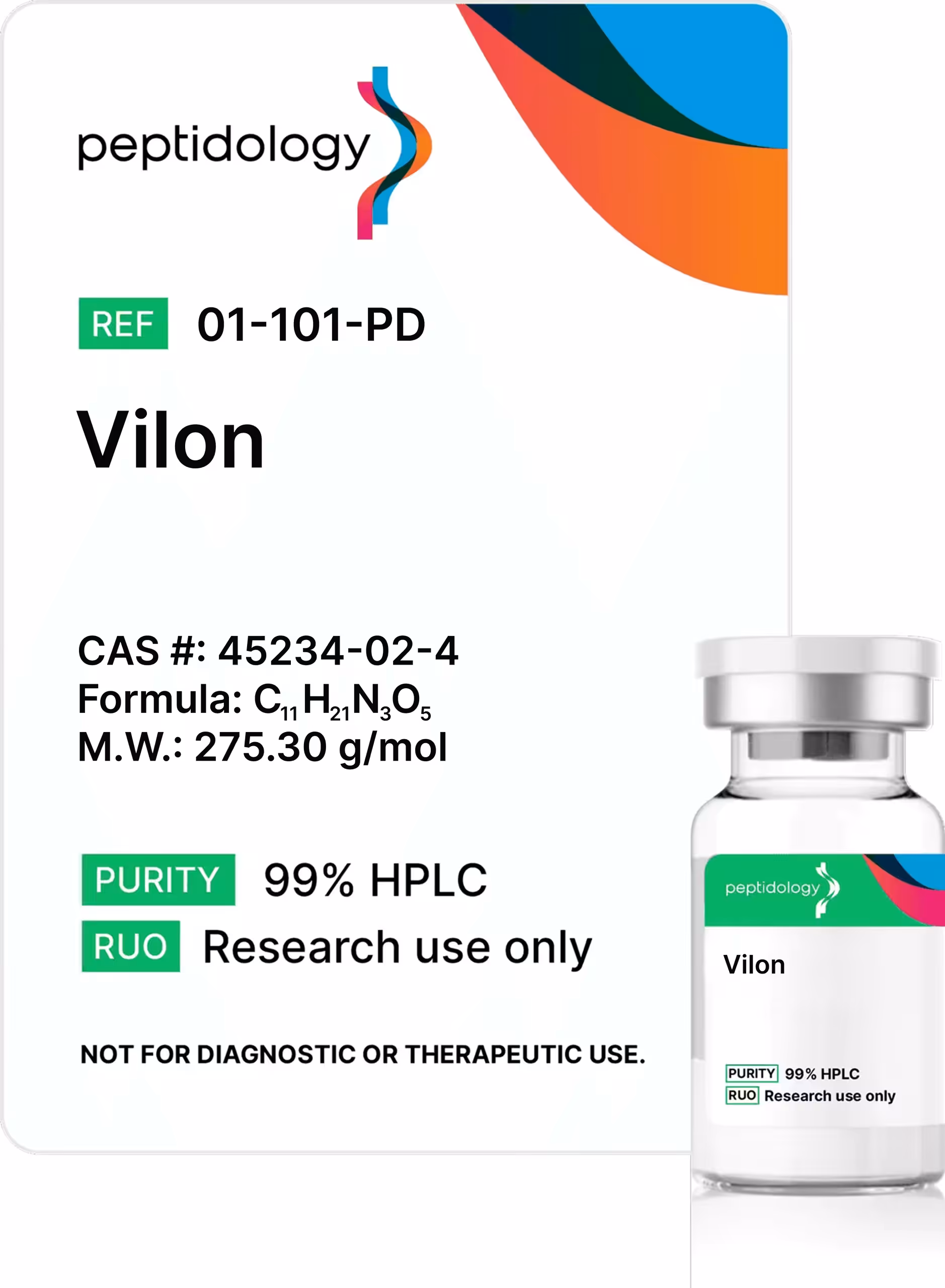 Vilon Bio Regulator Peptidology research-use product label and vial