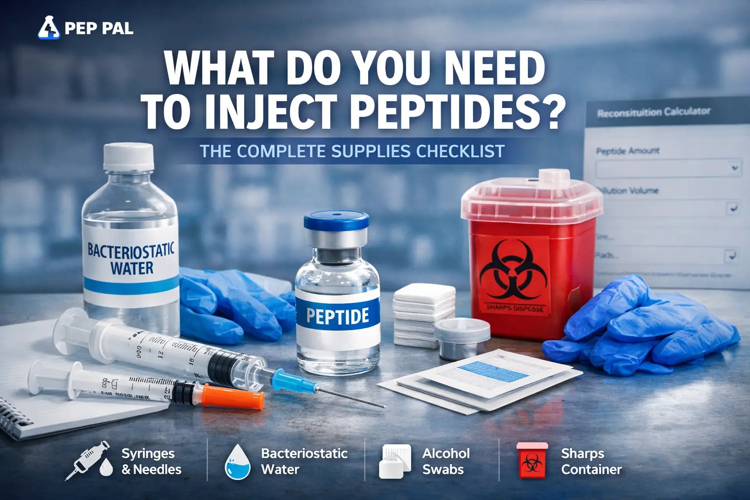 Peptide injection supplies checklist: bacteriostatic water, syringes, alcohol swabs, and sharps container