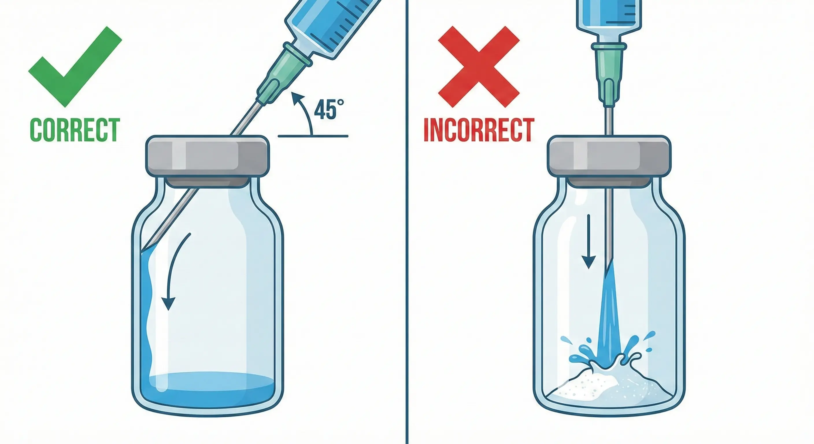 Correct vs incorrect technique for adding bacteriostatic water to a peptide vial