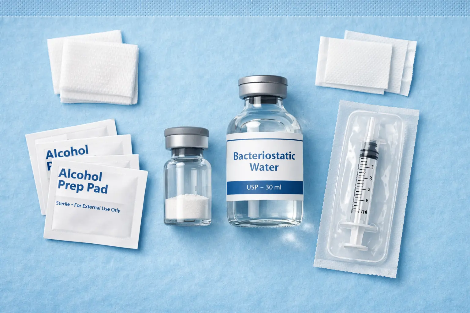 Flat lay of peptide reconstitution supplies including bacteriostatic water, syringes, and alcohol pads.