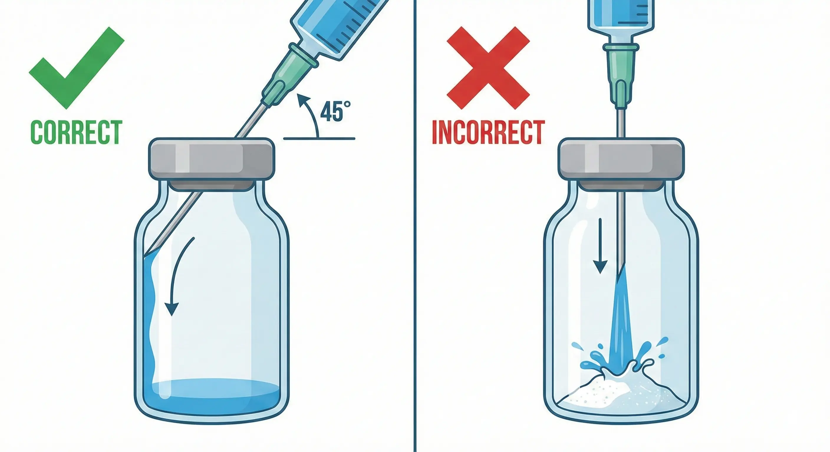 Using an empty syringe needle to vent positive air pressure from a reconstituted peptide vial.